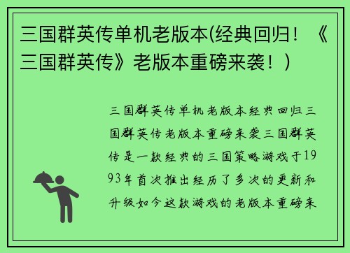 三国群英传单机老版本(经典回归！《三国群英传》老版本重磅来袭！)